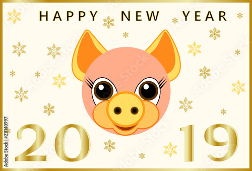 Greeting card with a cute piggy, gold inscription Happy New Year 2019 and golden snowflakes of different shapes and sizes. 2019 New Year's banner. Vector illustration.