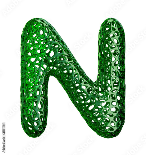 Letter N made of green plastic with abstract holes isolated on white background. 3d