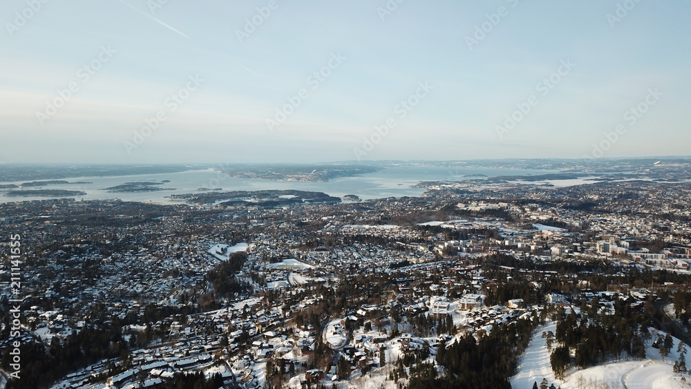 Aerial winter view of Oslo city and Oslofjord in Norway seen from Holmenkollen