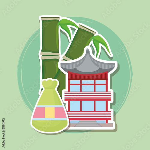 lucky bag with bamboo stick and iconic palace over green background, colorful design. vector illustration