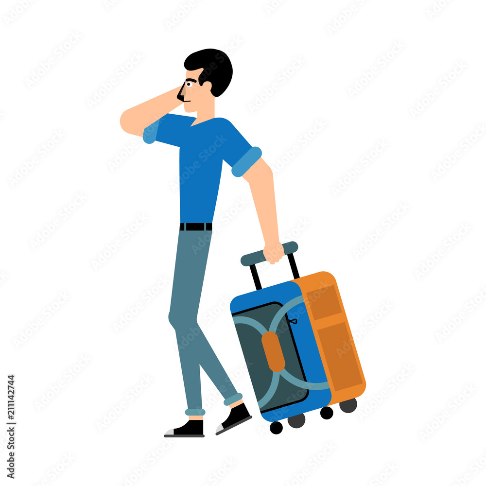 Tourist male character with suitcase walking and talking mobile phone isolated on white background. Side view of flat cartoon traveler in casual clothes with carry-on luggage, vector illustration. Tourist male character with suitcase walking and talking mobile phone isolated on white background. Side view of flat cartoon traveler in casual clothes with carry-on luggage, vector illustration.