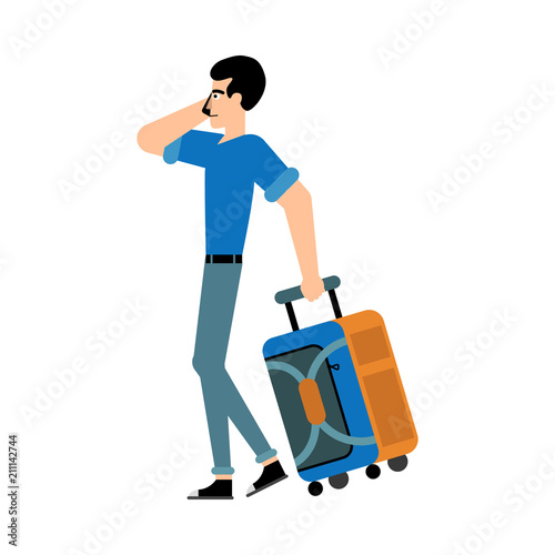 Tourist male character with suitcase walking and talking mobile phone isolated on white background. Side view of flat cartoon traveler in casual clothes with carry-on luggage, vector illustration.