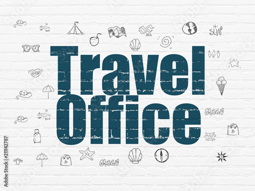 Travel concept  Painted blue text Travel Office on White Brick wall background with  Hand Drawn Vacation Icons