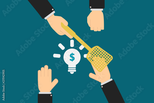 Millionaire idea. The executive hands prevent the employee from taking an idea created in the company. concept of intellectual property rights. Finance concept