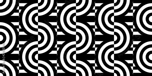 Seamless pattern with circles and striped black white straight lines. Optical illusion effect. Geometric tile in op art style. Vector illusive background for cloth, textile, print, web.