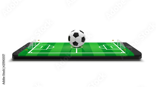 Mobile football soccer. Mobile sport play match. Online soccer game with live mobile app. Football field on the smartphone screen and ball. Online ticket sales concept