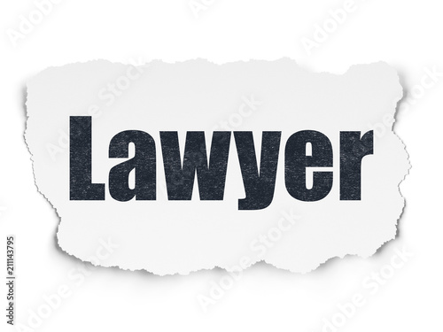 Law concept: Painted black text Lawyer on Torn Paper background with Tag Cloud