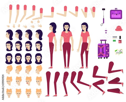 Cartoon female tourist creation kit - set of different body parts, poses, face emotions, gestures and travel accessories. Flat character of young travelling girl, vector illustration.
