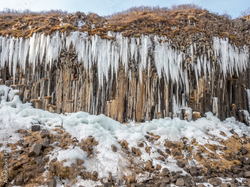 Frozen coloumnar basalt rock  Svartifoss waterfall