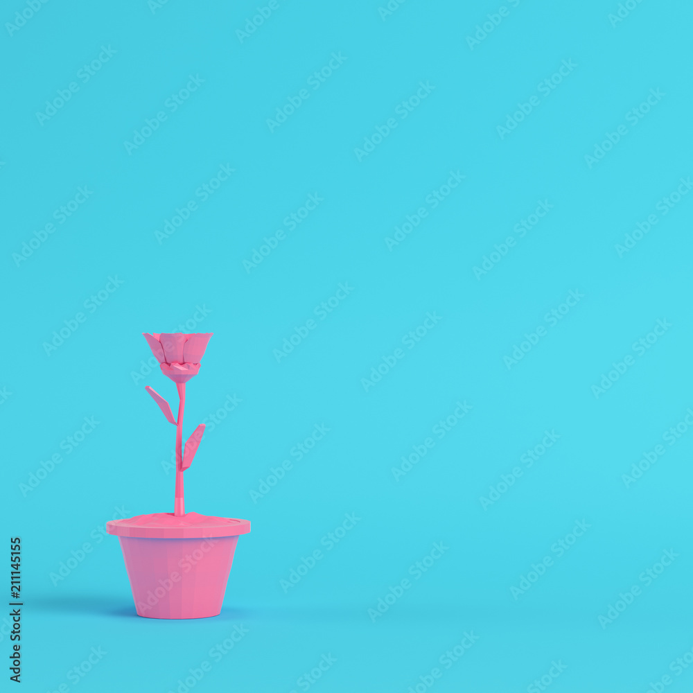 Pink low poly flower in a pot on bright blue background in pastel colors Pink low poly flower in a pot on bright blue background in pastel colors