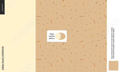 Food patterns, vegetable, flat vector illustration - potato peel texture - small cut potato image and a seamless pattern of uneven potato rind