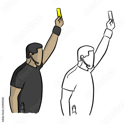 male soccer referee showing a yellow card vector illustration sketch doodle hand drawn with black lines isolated on white background