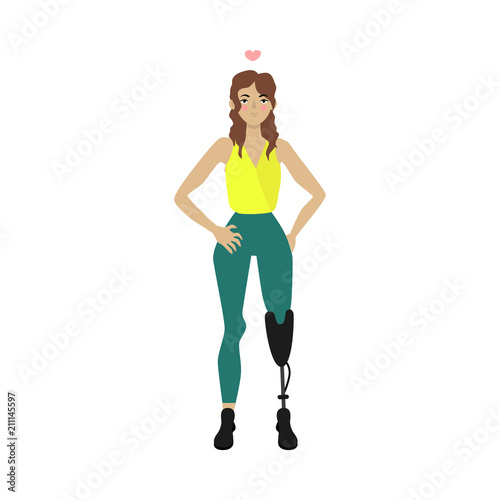Sad sportive girl with leg prosthesis handicap. Body positive concept. Female athlete disabled character. Vector flat isolated illustration