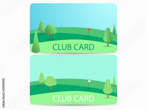 Club card with a golf course. Membership in a golf club. Field with a hole and a flag. Vector illustration