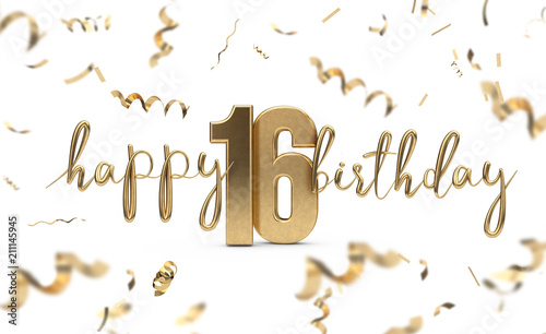Happy 16th birthday gold greeting background. 3D Rendering photo