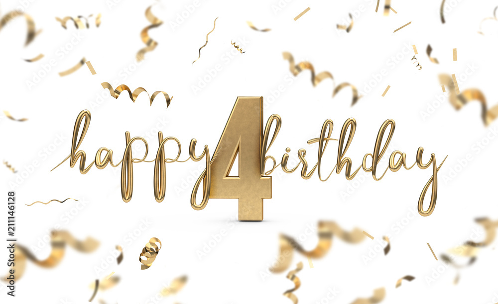 Fototapeta premium Happy 4th birthday gold greeting background. 3D Rendering