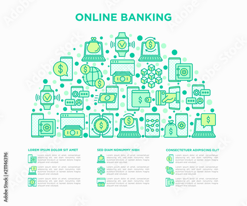 Online banking concept in half circle with thin line icons: deposit app, money safety, internet bank, contactless payment, credit card, online transaction. Vector illustration, web page template.