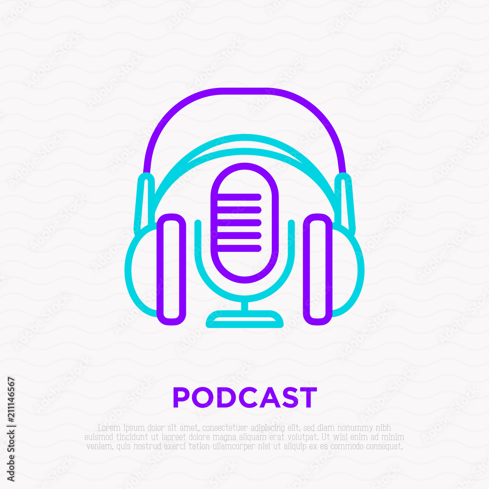 Podcast thin line icon: headphones and microphone. Modern vector illustration. Podcast thin line icon: headphones and microphone. Modern vector illustration.