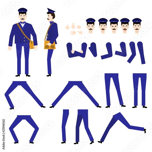 Flat postman male character in blue uniform, cap with mailbag creation set. Cheerful post service worker animation vatious face emotions, positions, hand gestures, legs postures. Vector illustration