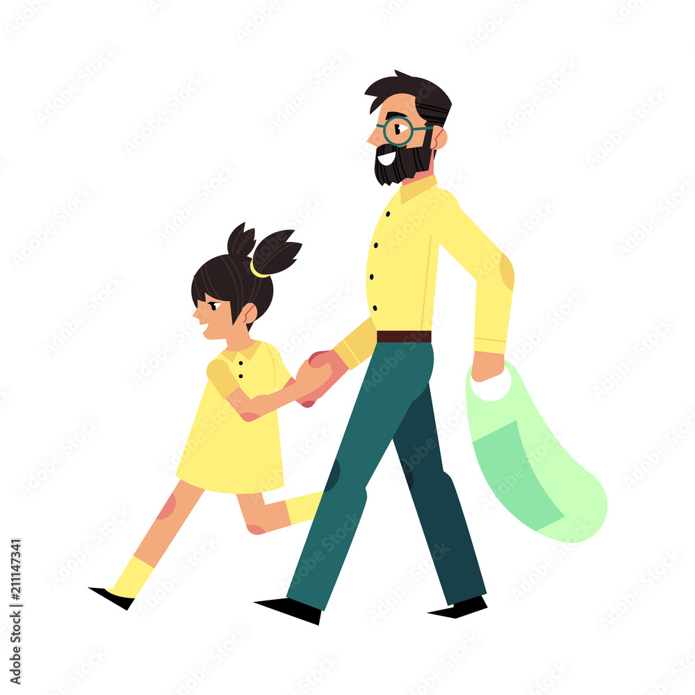 Flat father and daughter cheerful character going to supermarket with shopping bag. Happy family in store concept. Adult man and girl kid. Vector isolated illustration