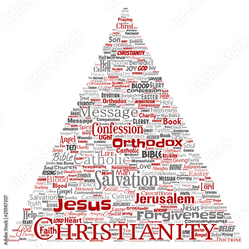 Vector conceptual christianity, jesus, bible, testament triangle arrow red  word cloud isolated background. Collage of teachings, salvation resurrection, heaven, confession, forgiveness, love concept