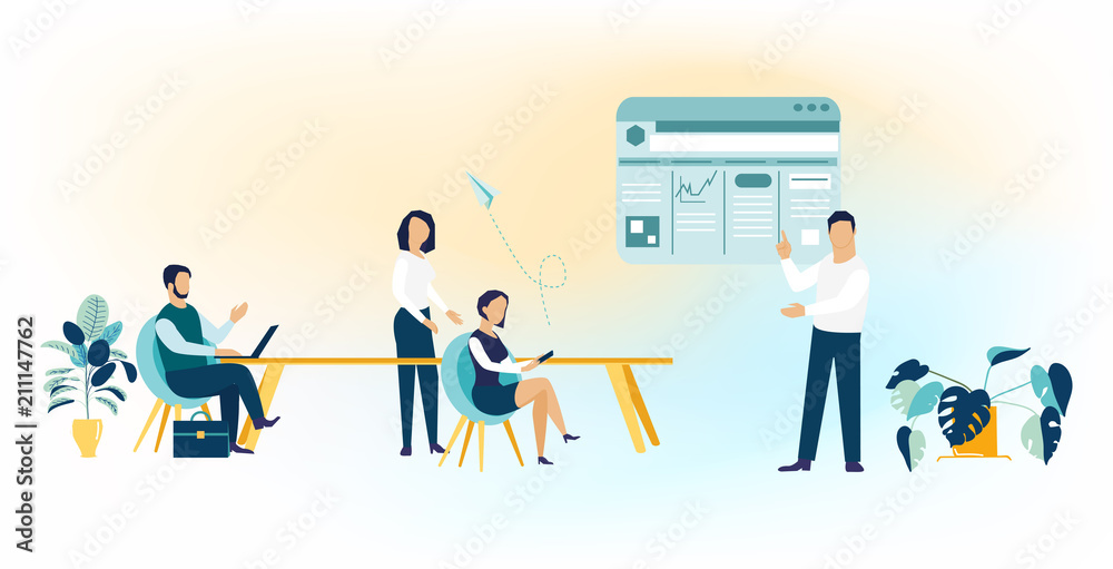 Vector illustration in flat cartoon style. Business teamwork meeting brainstorm and working concept. Planning project marketing. Sharing ideas, preparing presentation.