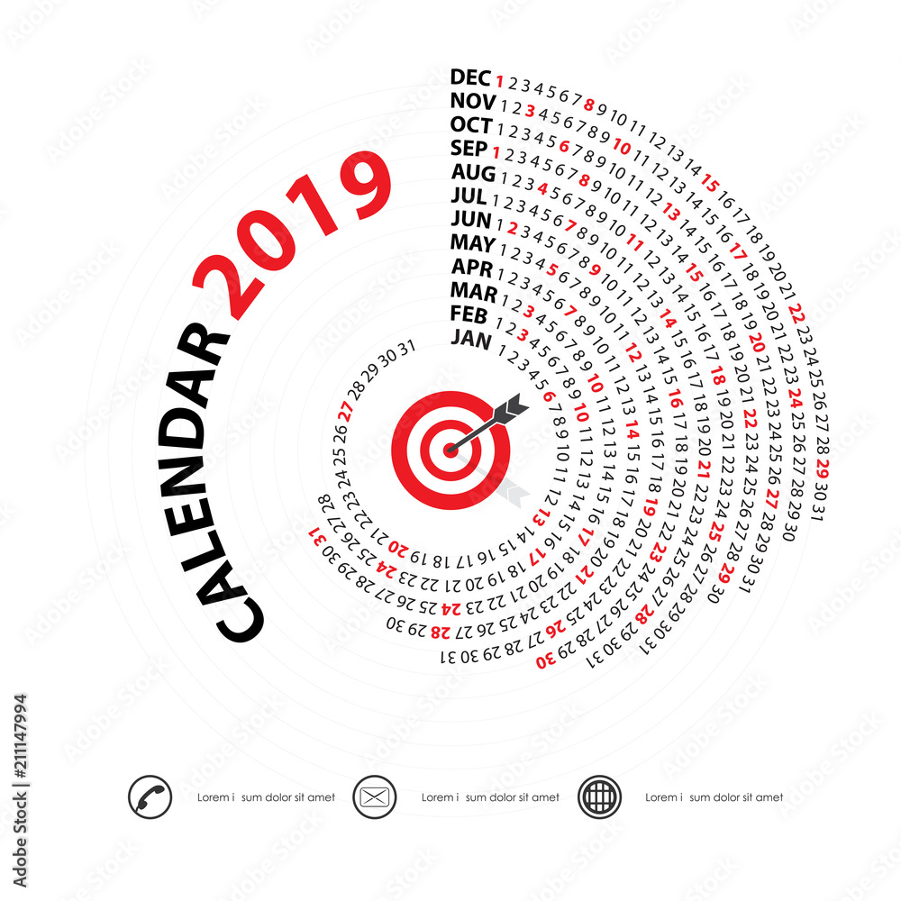 2019 Calendar Template.Spiral calendar.Calendar 2019 Set of 12 Months.Vector design stationery template.Vector Illustration