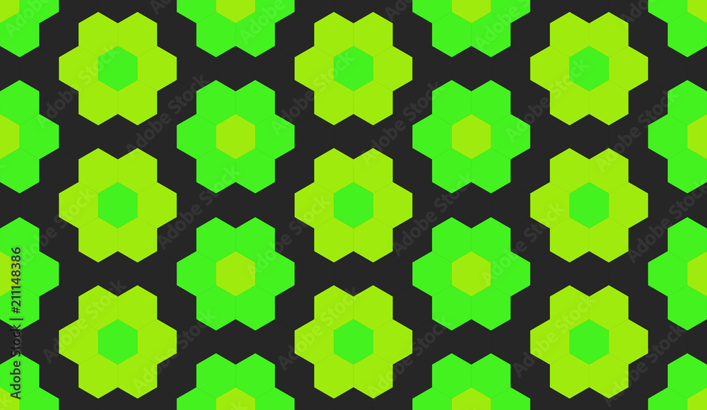 3d rendering. seamless green hexgonal shape flower pattern wall background.
