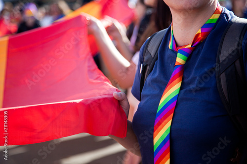 wearing rainbow necktie at pride parade