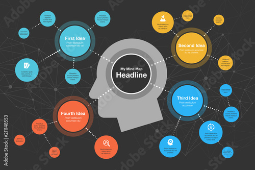 Vector infographic for mind map visualization template with colorful circles and several icons, isolated on dark background. Easy to use for your website or presentation.