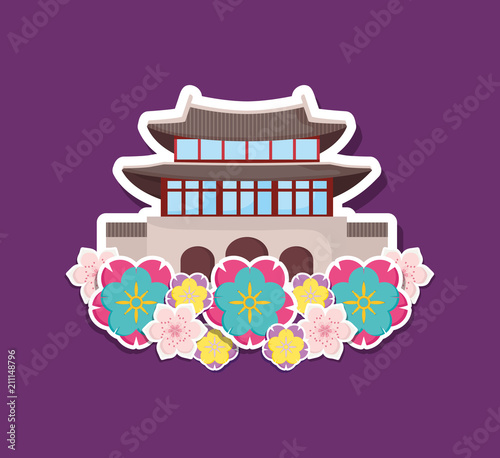 beautiful flowers with iconic building of asia over purple background, colorful design. vector illustration