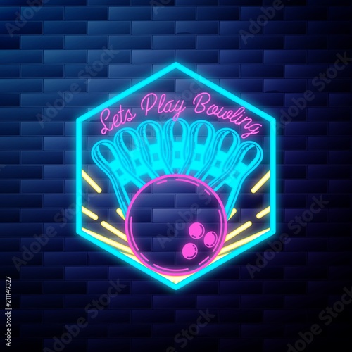 Vintage bowling emblem glowing neon sign