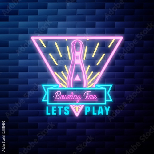 Vintage bowling emblem glowing neon sign