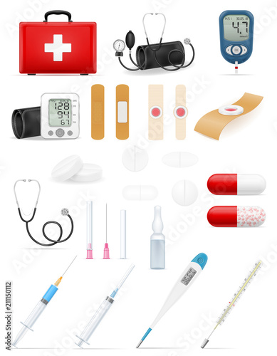 medical set icons equipment tools and objects stock vector illustration