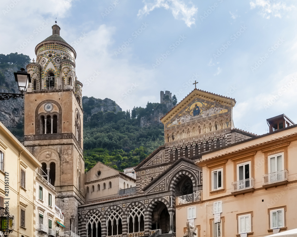 Beautiful view of Piazza Duomo and Amalfi Saint Andrew's Cathedral, Campania, Italy