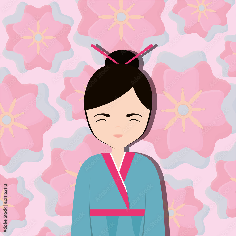 Cartoon asian girl wearing a kimono over pink floral background, colorful design. vector illustration