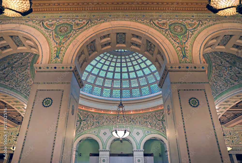 Chicago, Illinois, USA - June 22, 2018 - View of the interior and of the dome at the Chicago Cultural Center.