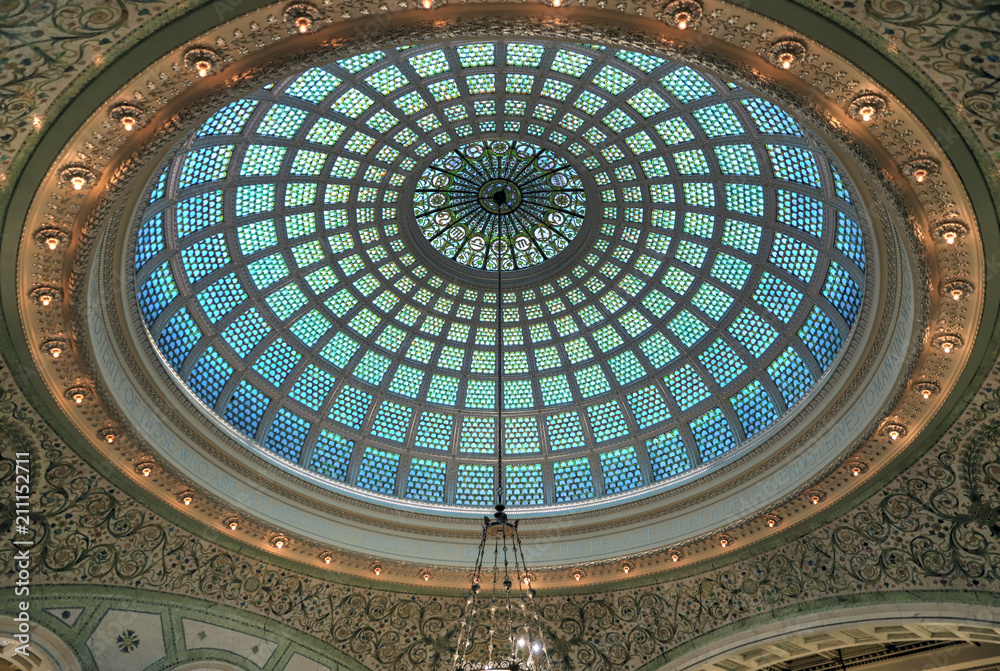 Chicago, Illinois, USA - June 22, 2018 - View of the interior and of the dome at the Chicago Cultural Center.