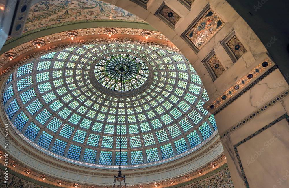 Chicago, Illinois, USA - June 22, 2018 - View of the interior and of the dome at the Chicago Cultural Center.