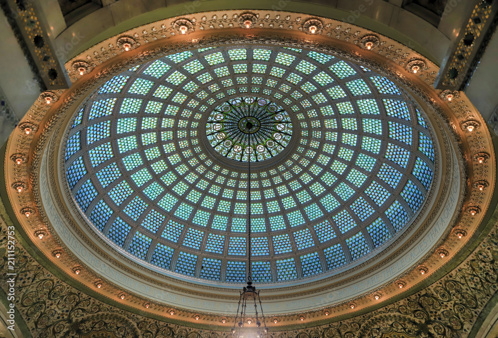 Chicago, Illinois, USA - June 22, 2018 - View of the interior and of the dome at the Chicago Cultural Center.