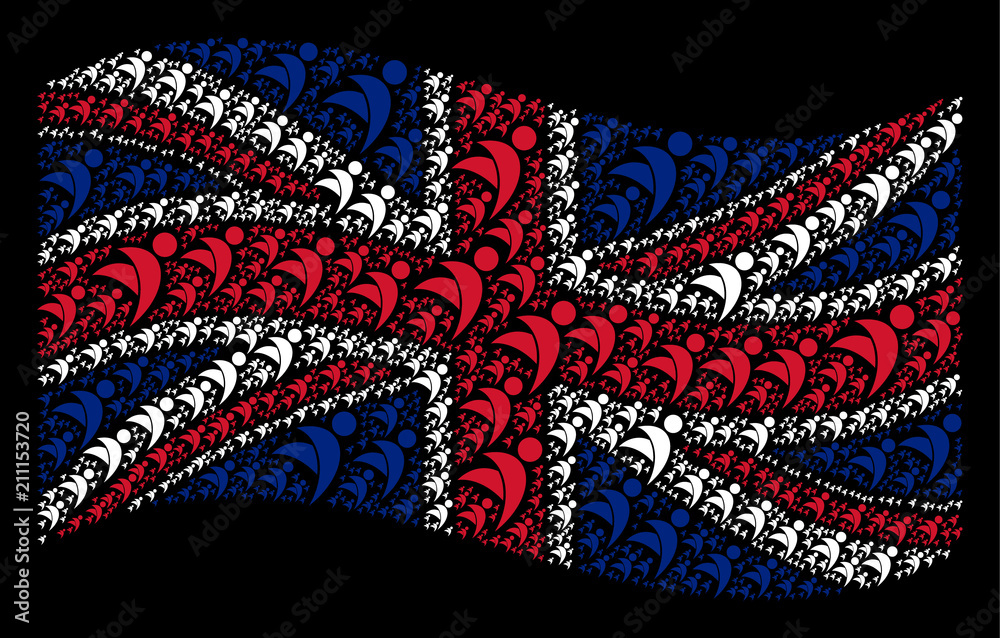 Waving British official flag on a black background. Vector winged man ...