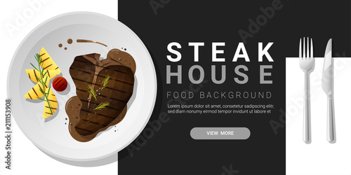 Grilled beef, t-bone steak and spices served on plate, food background , vector , illustration