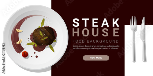 Grilled beef, tenderloin steak and spices served on plate, food background , vector , illustration