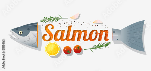 Word salmon design decorated with fresh raw salmon fish and spices on white background , vector , illustration