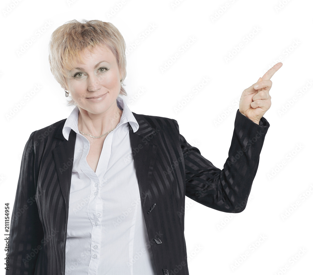 closeup of successful business woman pointing at copy space closeup of successful business woman pointing at copy space