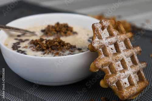 Breakfast - granola with soy milk and waffles