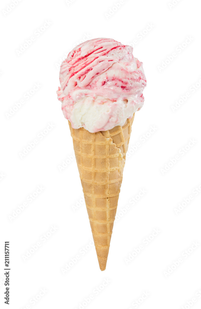 Strawberry-vanilla ice cream in waffle cone isolated on white Strawberry-vanilla ice cream in waffle cone isolated on white