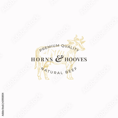 Premium Quality Beef Abstract Vector Sign, Symbol or Logo Template. Elegant Cow Drawing Sketch with Classy Retro Typography. Vintage Luxury Emblem.