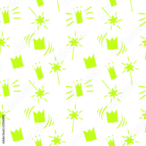 Hand drawn sketch seamless pattern with magic crown, star, magic wand, yellow, gold. For wallpapers, web background, textile, wrapping, fabric, kids design.