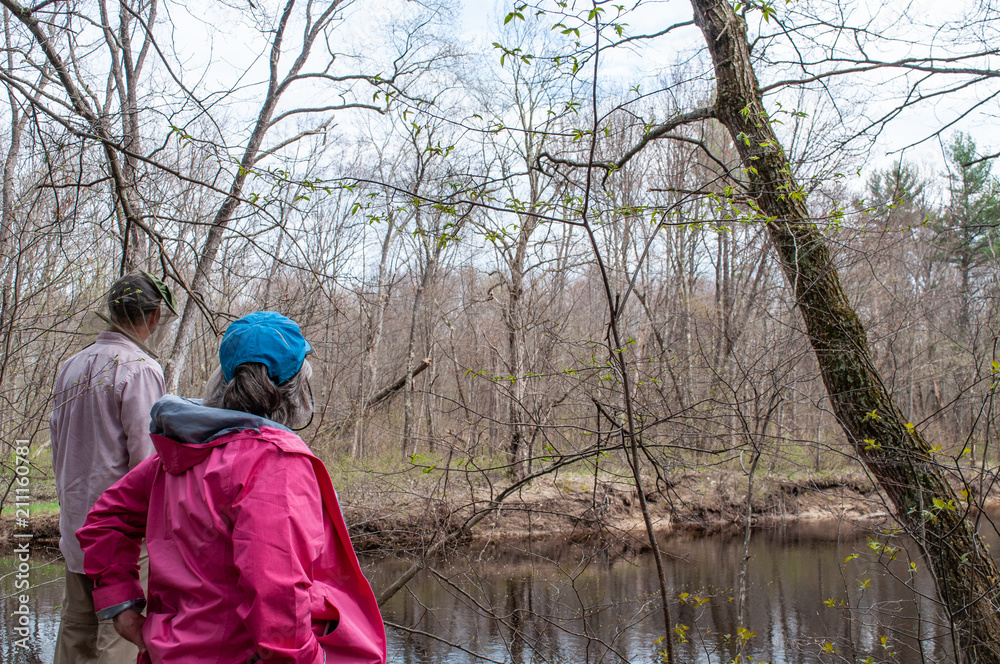 Two people look across river into Silver Maple flood plain Two people look across river into Silver Maple flood plain